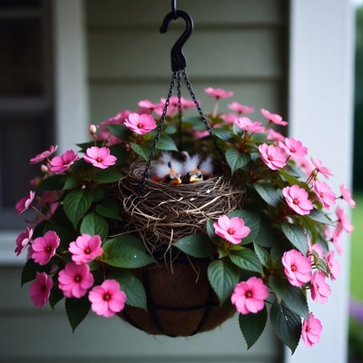 Baby birds in flower hanging basket