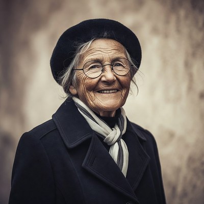 Elderly woman smiling with beret