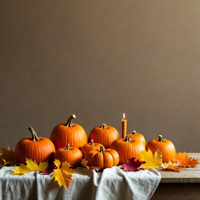 Pumpkins and autumn leaves on table