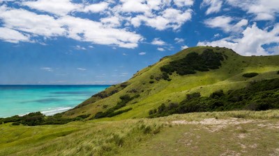 Green Hill Overlooking Turquoise Ocean