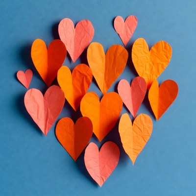Orange paper hearts on blue background