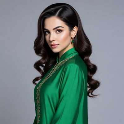 Beautiful woman in green embroidered dress