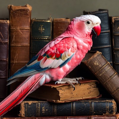 Pink Parrot on Old Books