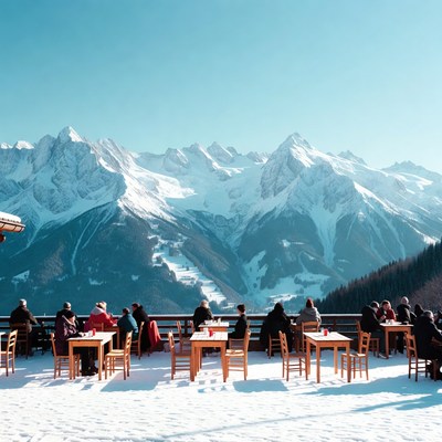 People dining outdoors with snowy mountains