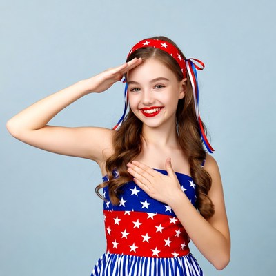 Girl saluting in patriotic dress