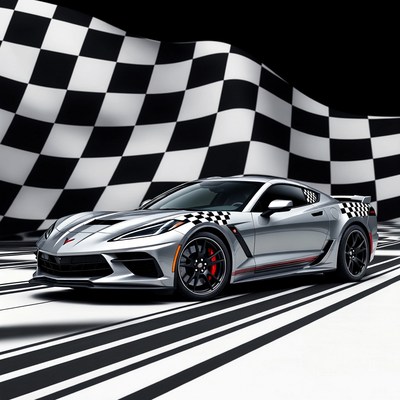 Silver Chevrolet Corvette with Checkered Background