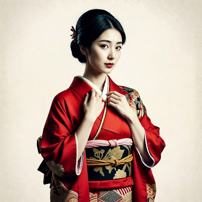 Asian woman in red kimono