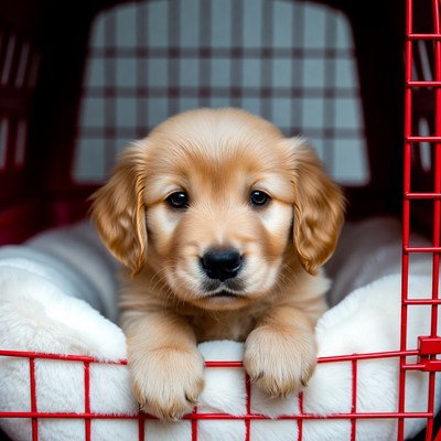 Golden Retriever Puppy in Red Pet Crate
