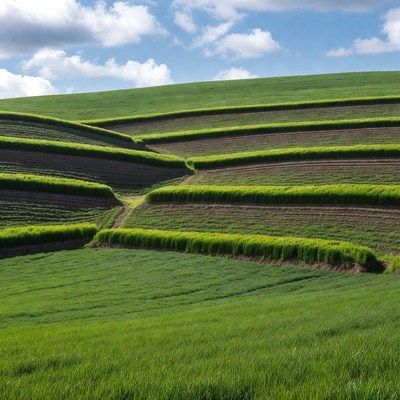 Green terraced fields under blue sky