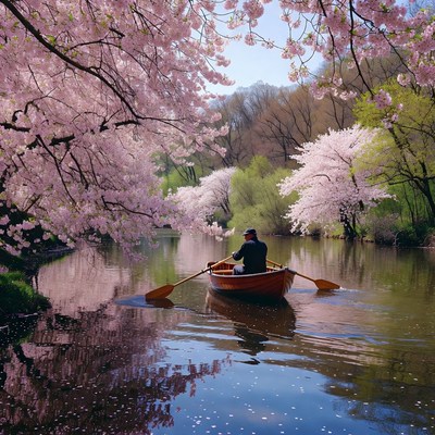 Man rowing boat under cherry blossoms