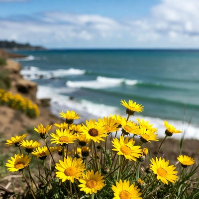 Yellow Daisies on Coastal Cliff