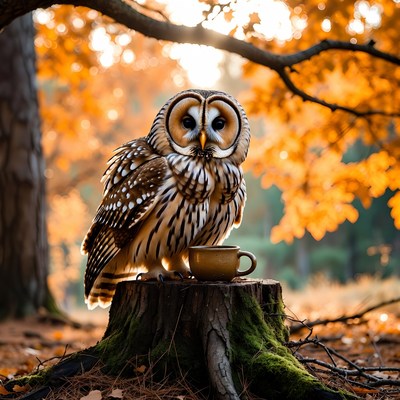 Barred Owl Holding Teacup on Stump