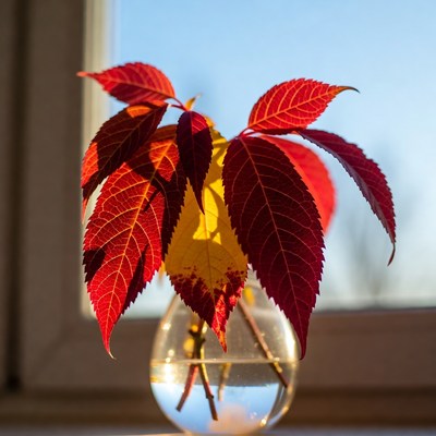 Red Autumn Leaves in Glass Vase