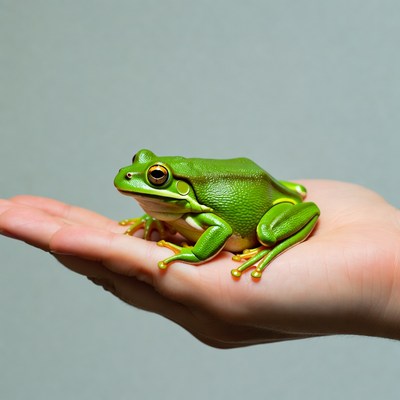 Green tree frog in hand