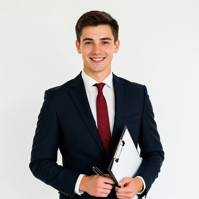 Smiling man in suit holding clipboard