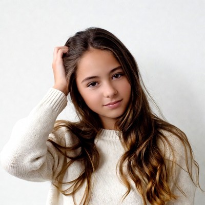 Girl scratching head in white sweater