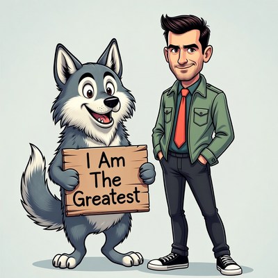 Cartoon wolf holding 'I Am The Greatestest' sign