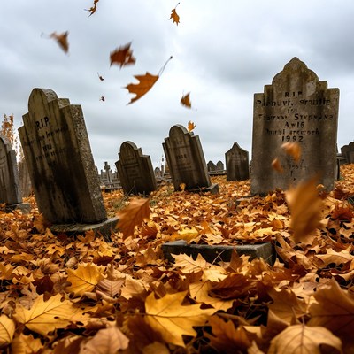 Autumn Leaves Falling on Cemetery Gravestones