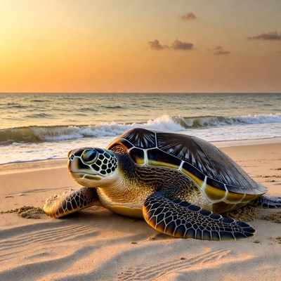 Sea Turtle on Beach at Sunset