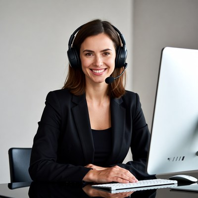 Smiling woman wearing headset at desk