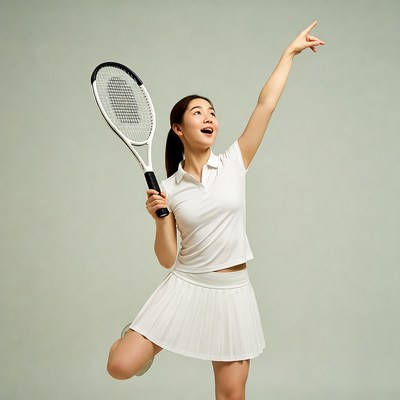 Asian woman pointing with tennis racket