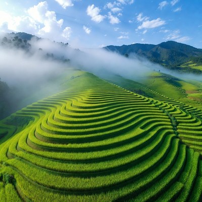 Terraced Rice Fields in Misty Mountains