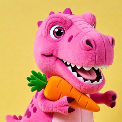 Pink T-Rex holding carrot