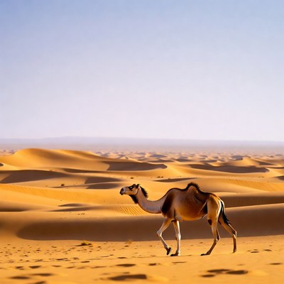 Camel walking in desert dunes