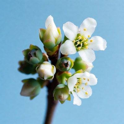 White Spring Blossoms on Blue Background
