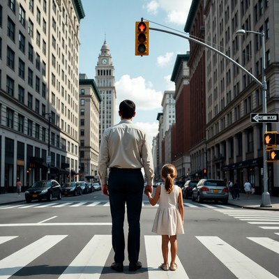Father and daughter at crosswalk