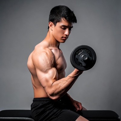 Muscular young man dumbbell curl