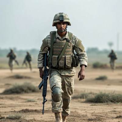 Soldier carrying rifle in desert