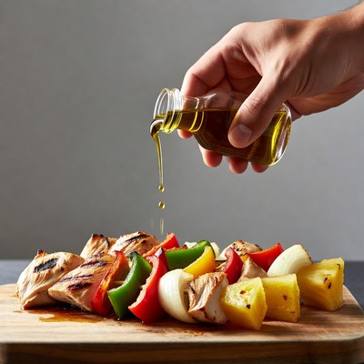 Hand pouring oil on chicken skewers