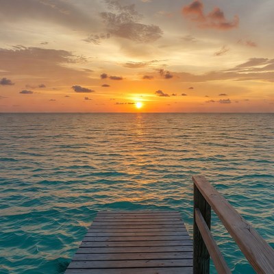 Sunset over turquoise ocean pier