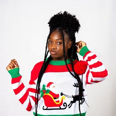 African-American woman in Santa sleigh sweater