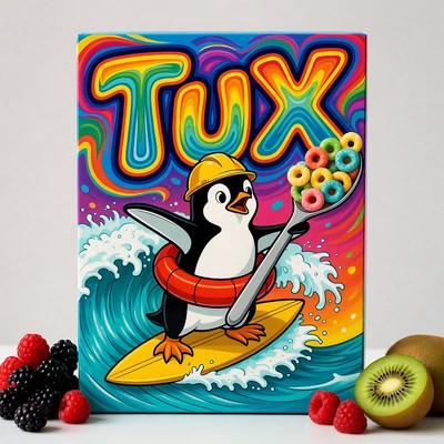 Tuxuxx Cereal Box with Surfing Penguin
