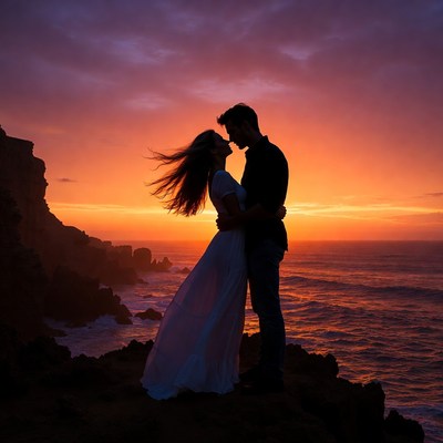 Silhouette couple embracing at sunset cliff