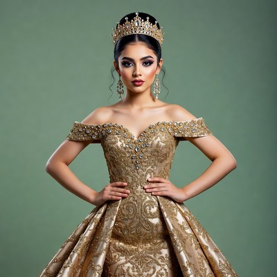 Woman in gold gown with tiara