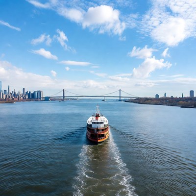 Ferry passing Brooklyn Bridge