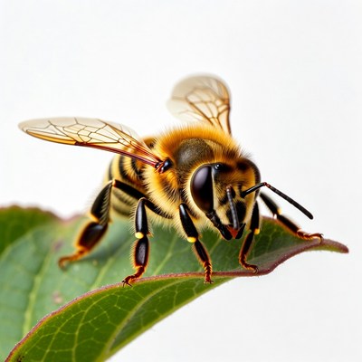 Honey Bee on Green Leaf
