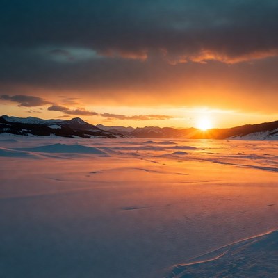 Sunrise over snowy mountain valley