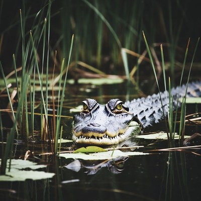 Alligator in swamp grass