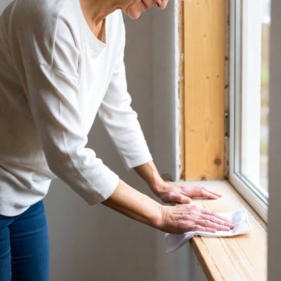 Woman cleaning wooden window sill