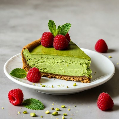 Green Matcha Cheesecake with Raspberries