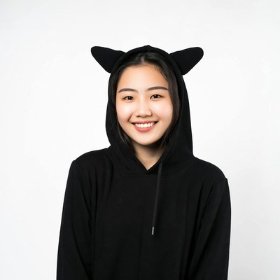 Asian girl in black cat ear hoodie