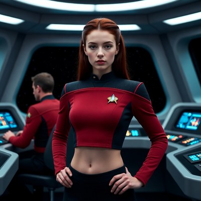 Redhead woman on Star Trek bridge