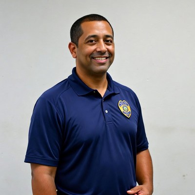 Smiling Latino police officer in uniform