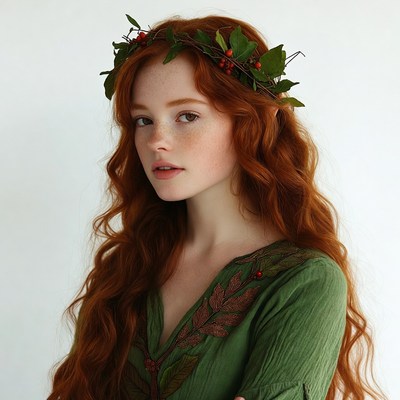 Redhead woman with holly leaf crown