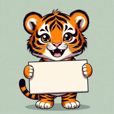 Cute tiger cub holding blank sign
