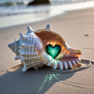 Seashell with glowing green heart on beach